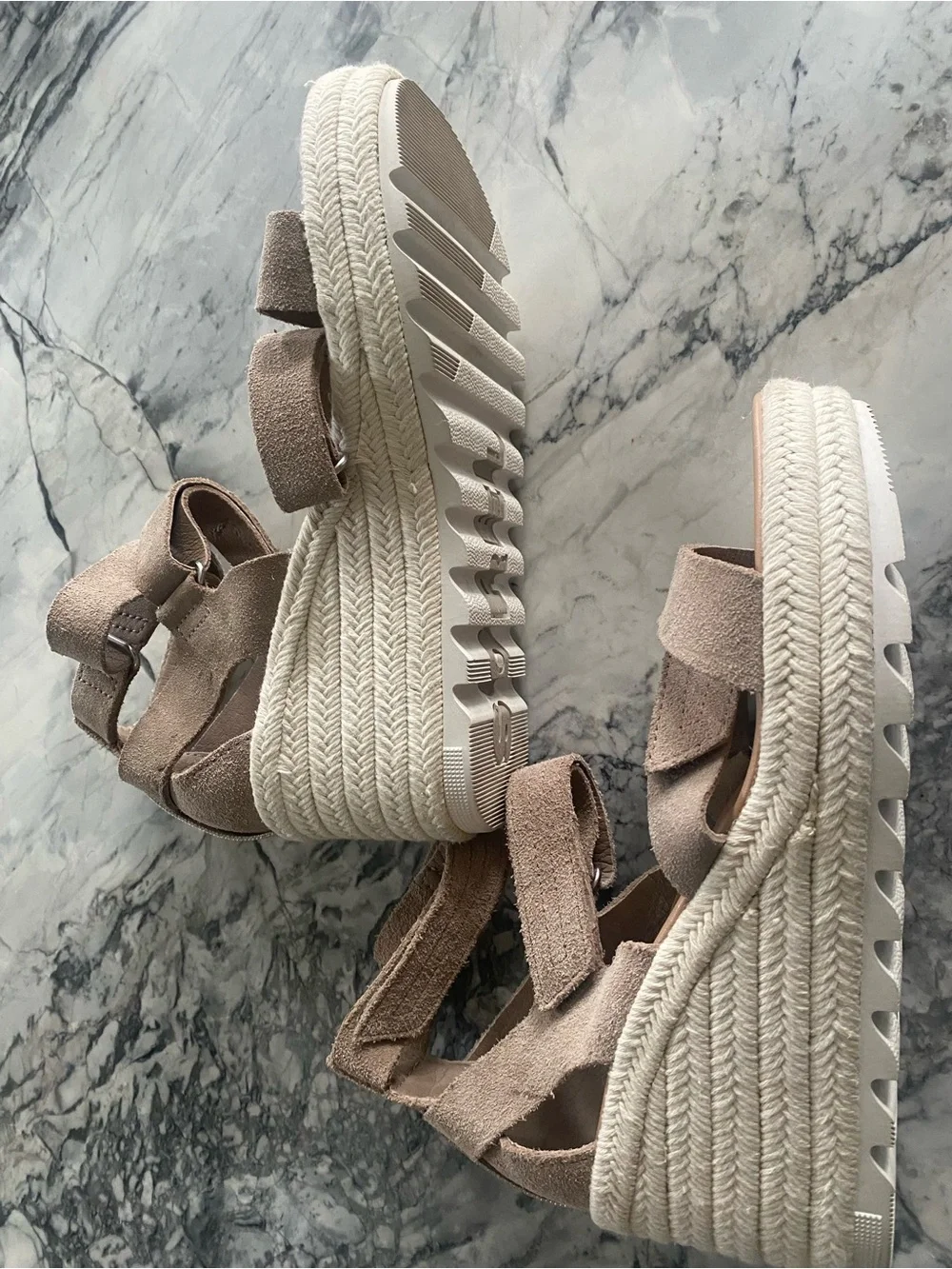 Women's Taupe Suede Sorel  Cameron  Espadrille Adjustable  Strappy Wedge Sandals